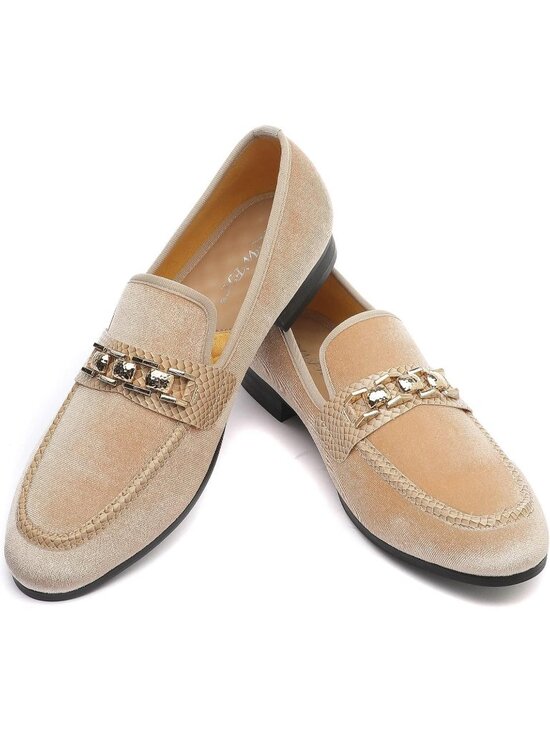 XQWFH Men\'s Beige Velvet Penny Loafer Gold Chain Buckle Slip On Flat Forma Shoes